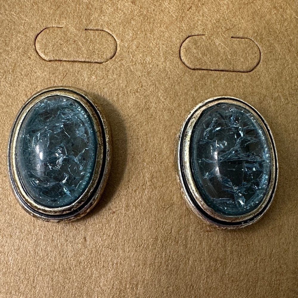 Vintage Napier silver tone Metal Oval Blue Cabochon Earrings
